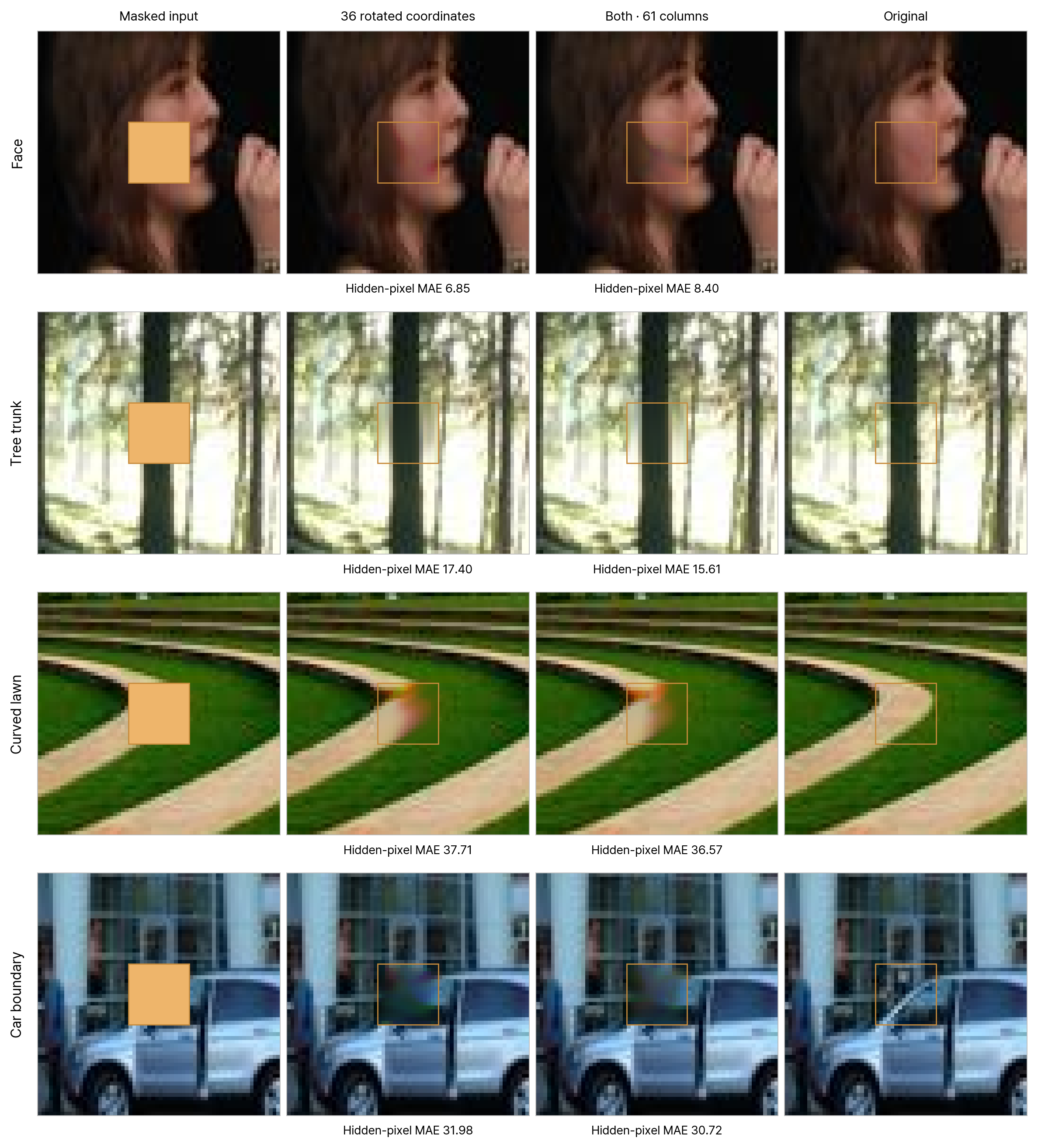 Face, tree, curved lawn, and car close-ups comparing rotated coordinates with the combined coordinate-and-distance features.