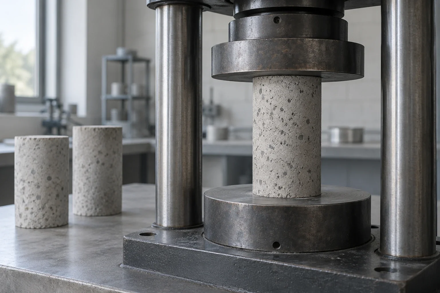 AI-generated illustration of a cylindrical concrete specimen in a compression-testing rig.