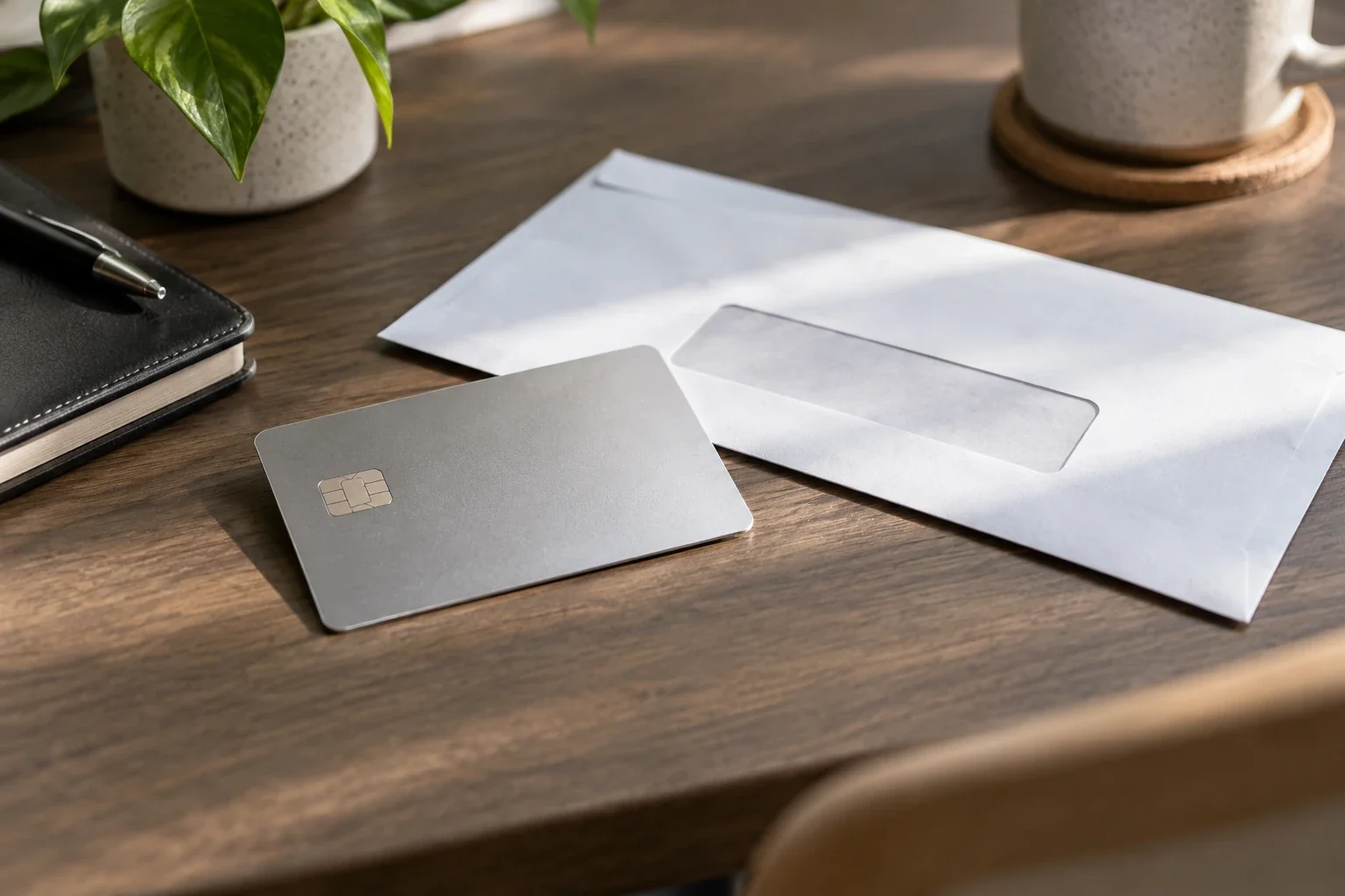 AI-generated representative illustration of a single unbranded silver payment card beside a plain monthly statement envelope.