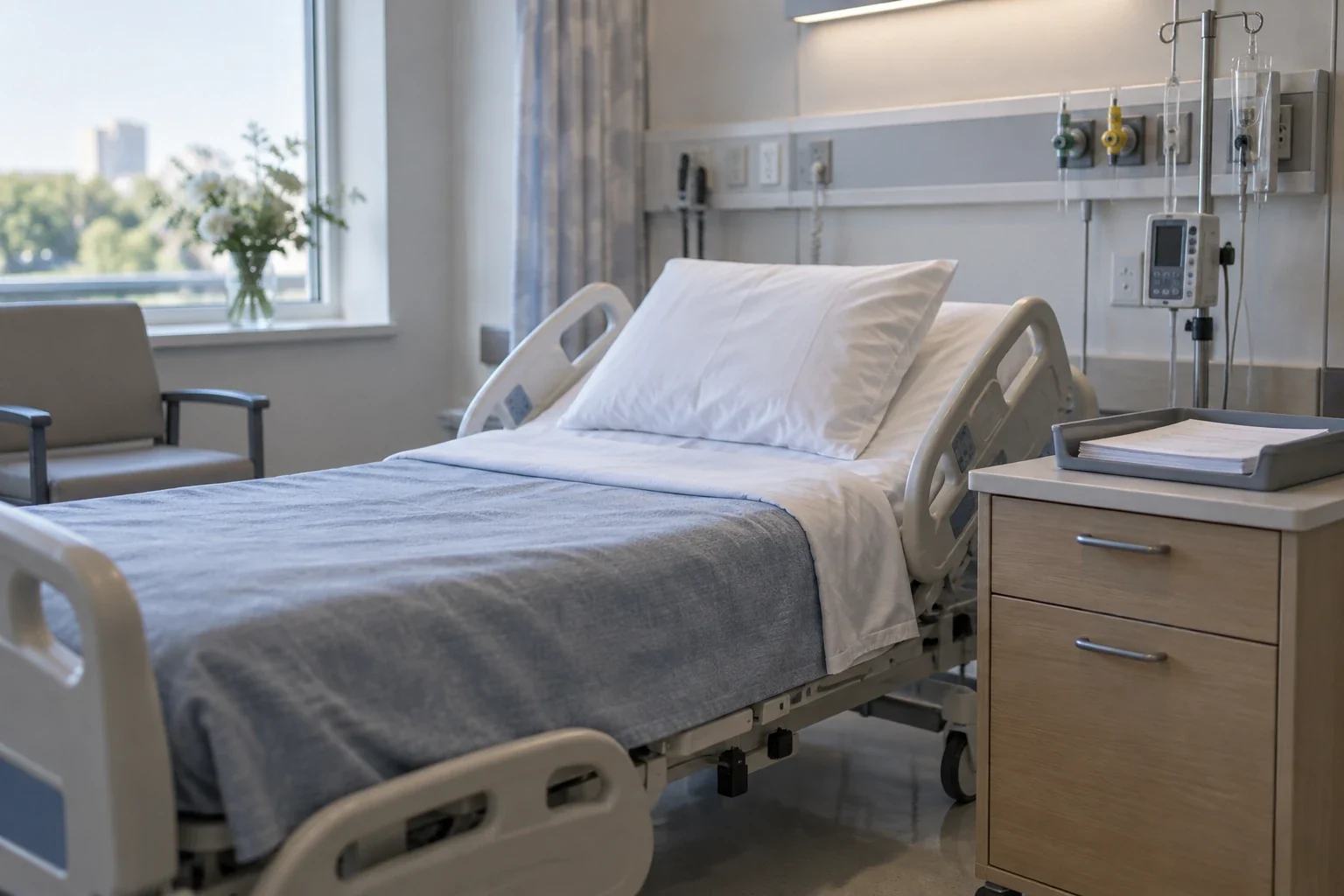 AI-generated representative illustration of an empty hospital bed, bedside cabinet and a plain discharge-document tray.