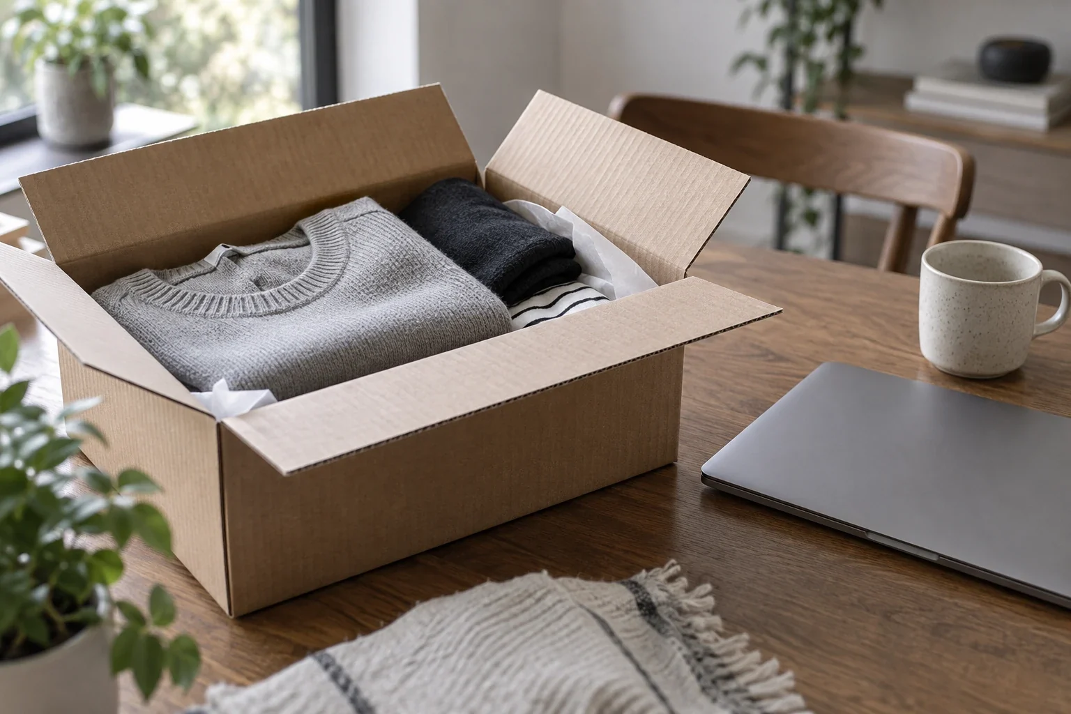 AI-generated representative illustration of unbranded corrugated shipping parcel with neatly folded apparel and a closed slim laptop.