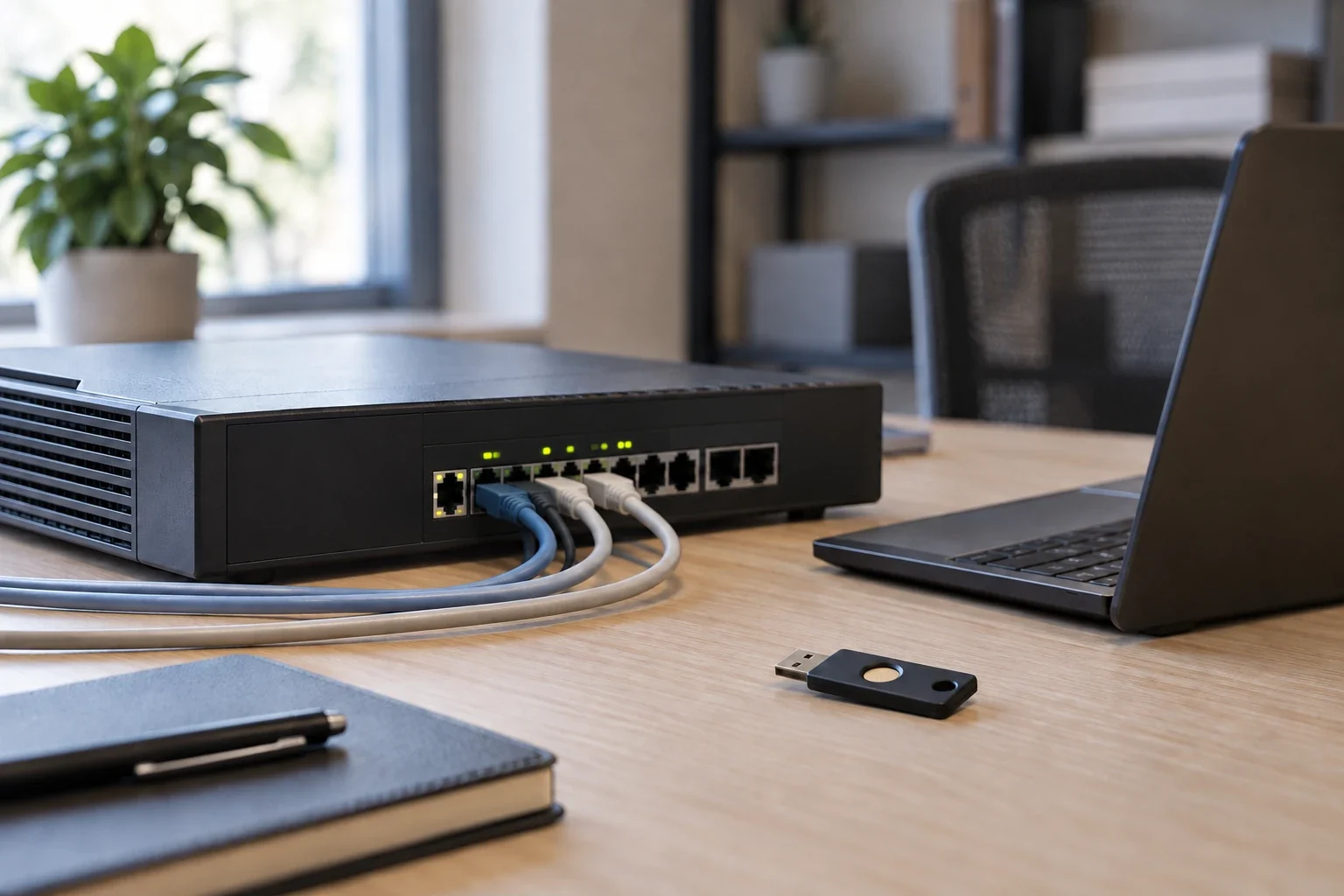 AI-generated representative illustration of a credible network-security appliance, neat ethernet connections and an unbranded hardware security key.