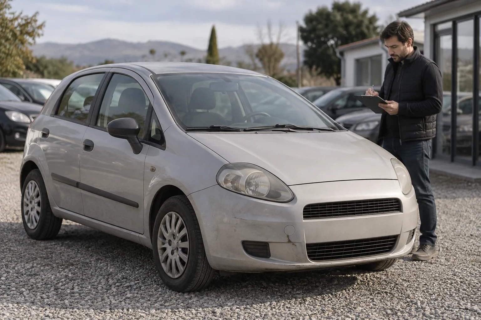 AI-generated representative illustration of a used compact hatchback with realistic paint wear and a neutral clean silhouette.